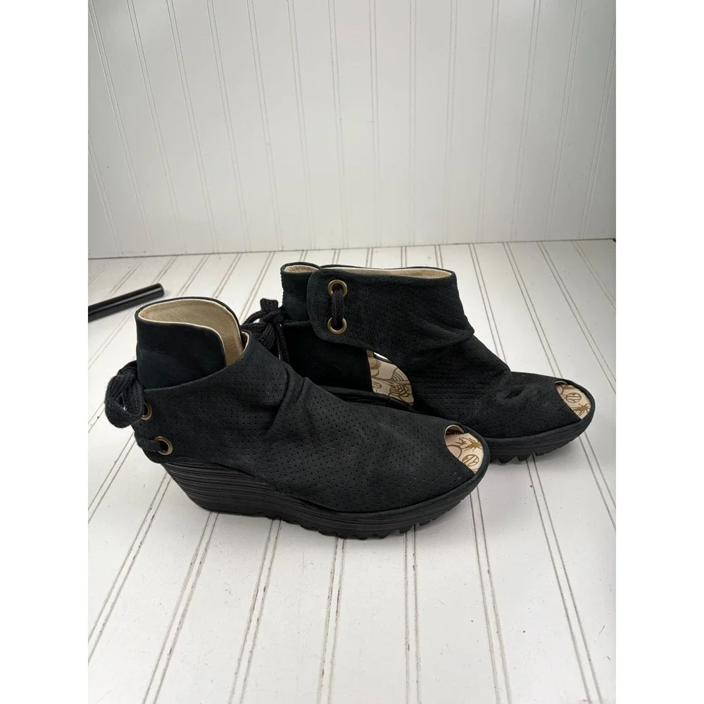 Fly London Yema Black Perforated Lace Up Wedge Sandals Women's Size 40 US 9-9.5